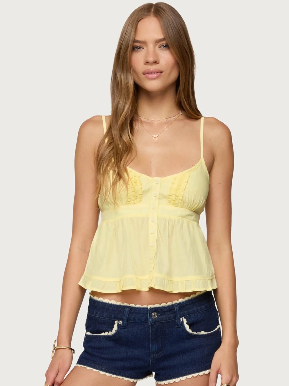 Edikted Light Yellow Ruffle-Trim Button Cami Halsey Ruffle Tank Top